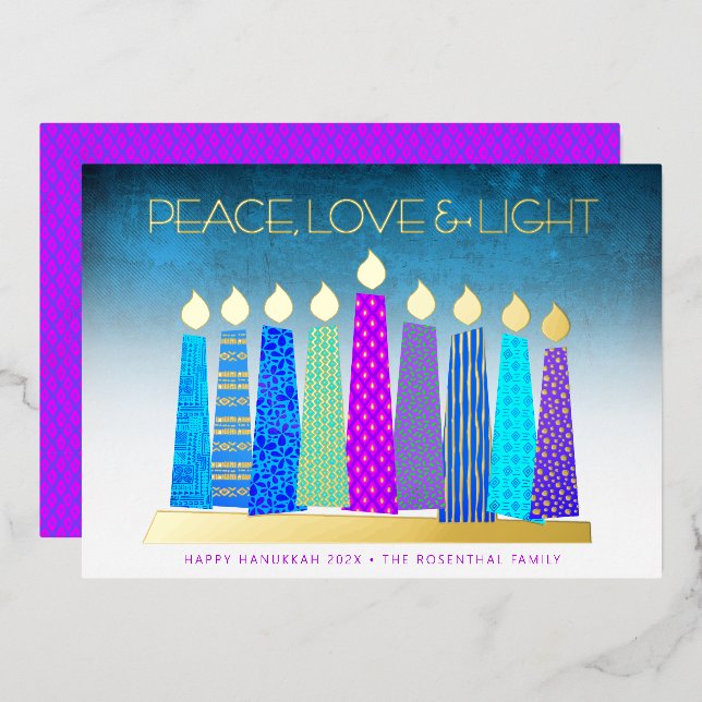 Turquoise Hanukkah Candles Peace Love Real Gold Foil Holiday Card (Front/Back)