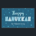 Turquoise Happy Hanukkah Whimsical Fun Typography Rectangular Sticker<br><div class="desc">“Happy Hanukkah.” Fun whimsical handcrafted typography along with a random Star of David pattern in light dusty blues all overlaying midnight navy blue hand drawn lines and a dark teal blue background help you usher in the festival of lights. Feel the warmth and joy of the holiday season whenever you...</div>