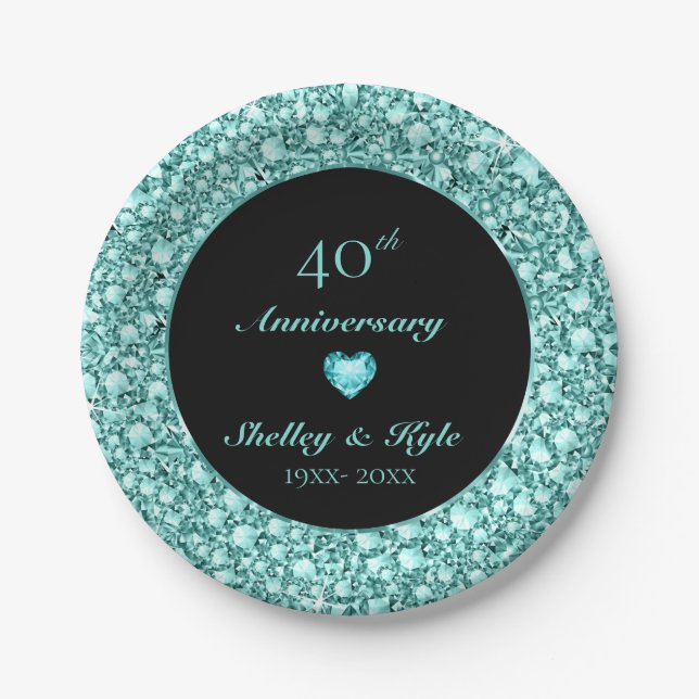Turquoise Heart And Diamonds- Anniversary Paper Plate (Front)