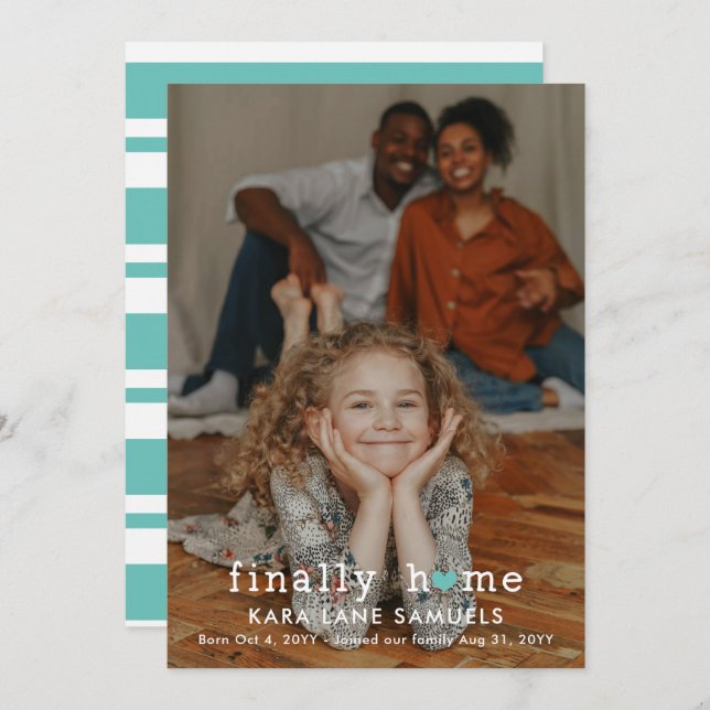 Turquoise Heart Finally Home Adoption Announcement (Front/Back)