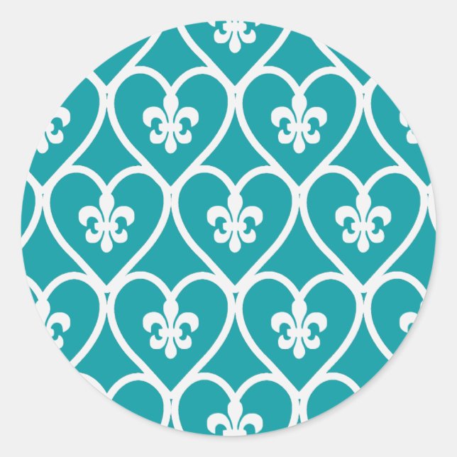 Turquoise Heart Fleur De Lis Classic Round Sticker (Front)