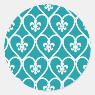 Turquoise Heart Fleur De Lis Classic Round Sticker