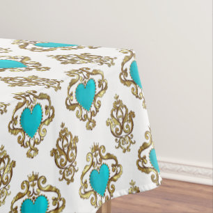 Turquoise Hearts With Crown Tablecloth