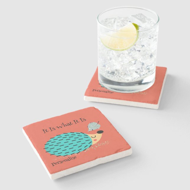 Turquoise Hedgehog Quote Cute Personalised Orange Stone Coaster (Side)