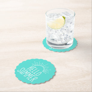 Turquoise Hello Summer Typography Home Decor Paper Coaster