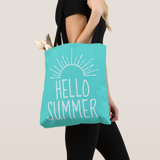 Turquoise Hello Summer Typography Home Decor  Tote Bag (Close Up)
