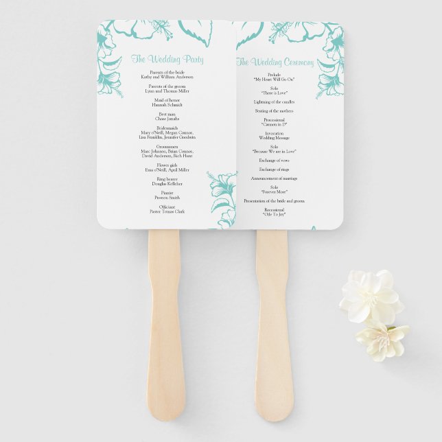 Turquoise Hibiscus Flower Beach Wedding Program Hand Fan (Front and Back)