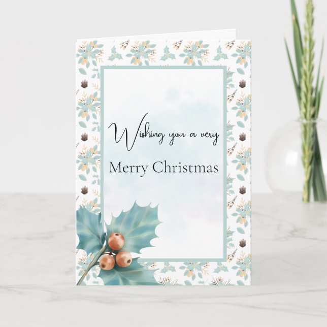 Turquoise Holly and Berries Christmas Card (Front)