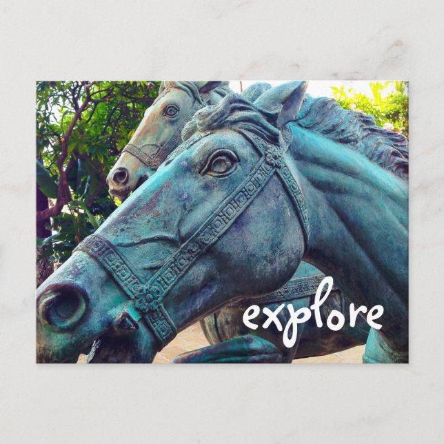 Turquoise Horses Antique Statue Explore Script Postcard (Front)