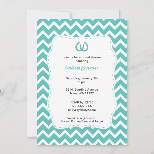 Turquoise Horseshoes Bridal Shower Invite Chevron (Front)
