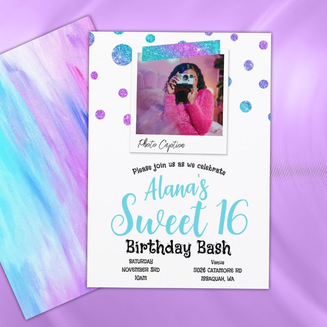 Turquoise, Hot Pink Glitter Polka Dots Sweet 16 Invitation (turquoise pink purple sweet 16 party invitations sweet sixteen 16th birthday party glitter polkadots)