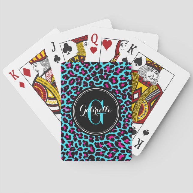 Turquoise Hot Pink Leopard Monogram Playing Cards (Back)