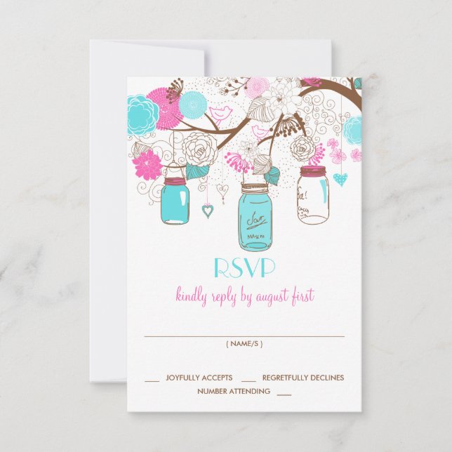 Turquoise & Hot Pink Mason Jars Wedding RSVP Card (Front)