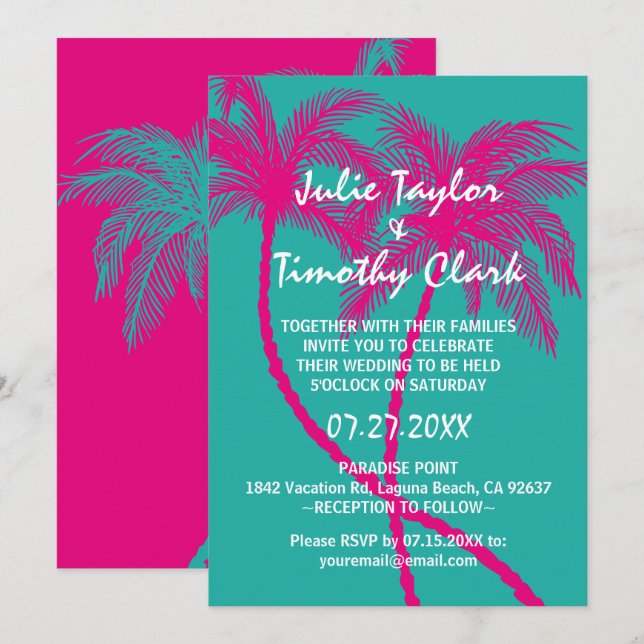 Turquoise  Hot Pink Palm Tree Wedding Invitations (Front/Back)