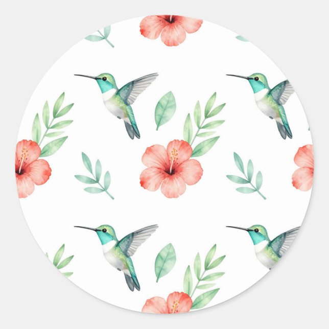 Turquoise Hummingbird Hibiscus Pattern Classic Round Sticker (Front)