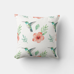 Turquoise Hummingbird Hibiscus Pattern Cushion