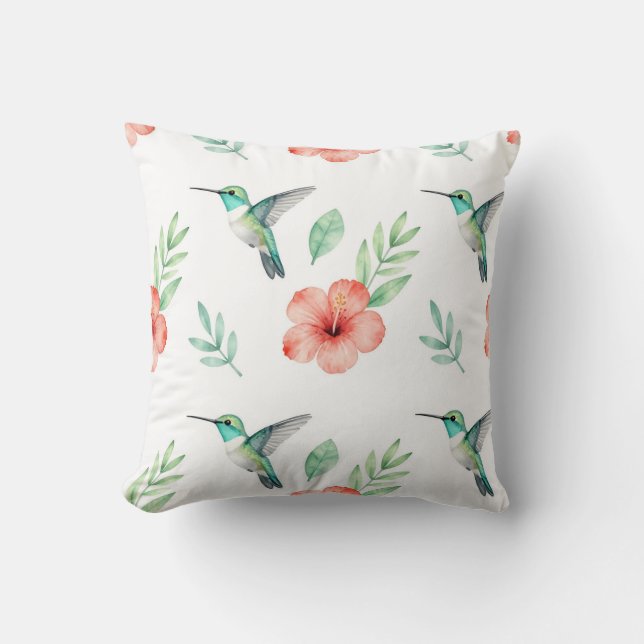 Turquoise Hummingbird Hibiscus Pattern Cushion (Front)