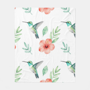 Turquoise Hummingbird Hibiscus Pattern Fleece Blanket