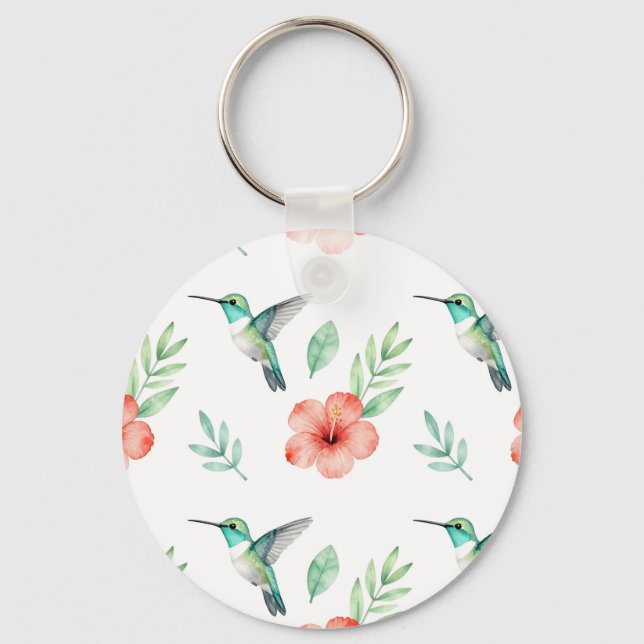 Turquoise Hummingbird Hibiscus Pattern Key Ring (Front)