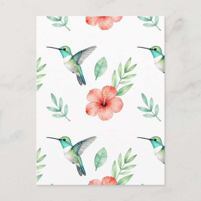 Turquoise Hummingbird Hibiscus Pattern Postcard (Front)