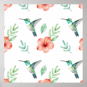 Turquoise Hummingbird Hibiscus Pattern Poster