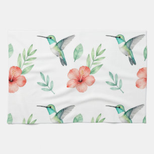 Turquoise Hummingbird Hibiscus Pattern Tea Towel