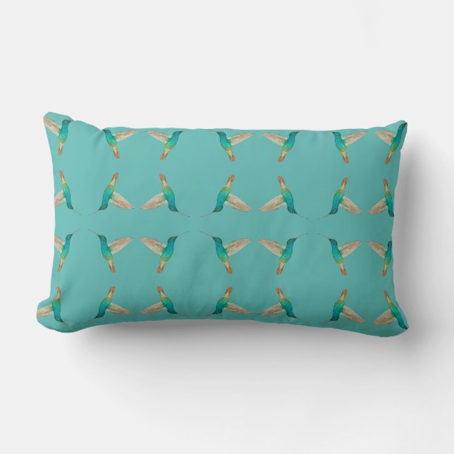 Turquoise Hummingbird Lumbar Pillow (Front)