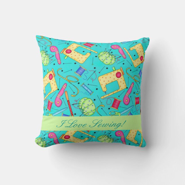 Turquoise I Love Sewing Decorative Pillow (Front)