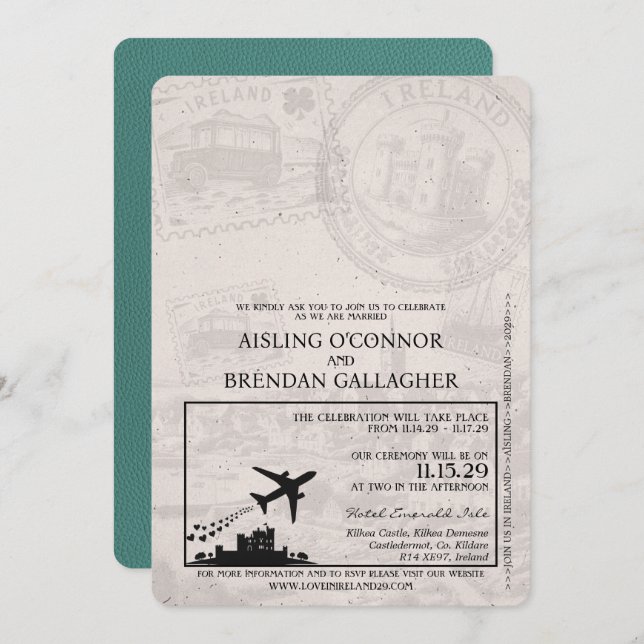 Turquoise Ireland Passport Wedding Invitation (Front/Back)