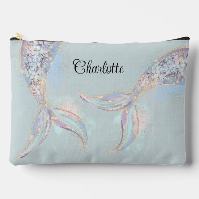 Turquoise Iridescent Mermaid Tail Personalised Accessory Pouch (Front)