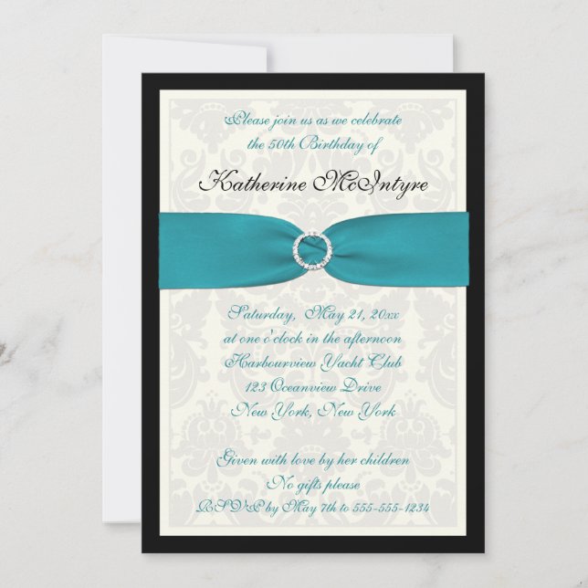 Turquoise, Ivory, Black Damask 50th Birthday Invitation (Front)