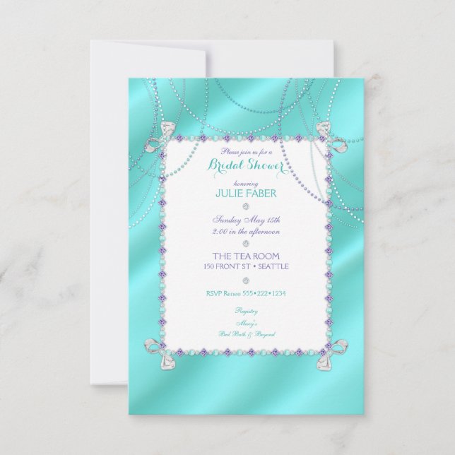 Turquoise Jewels Diamonds Pearls Amethyst on Satin Invitation (Front)