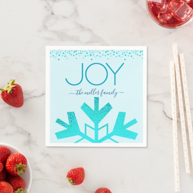 Turquoise Joy Holiday Snowflake Modern Typography Napkin (Insitu)