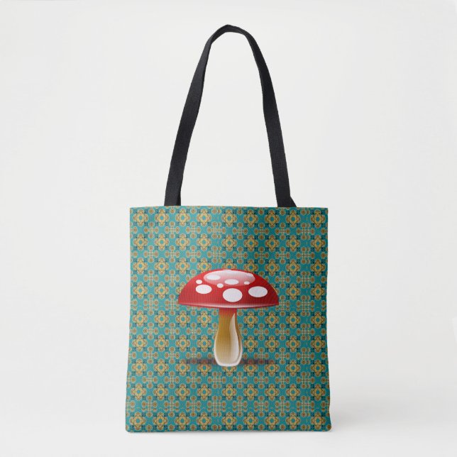 Turquoise Kaleidoscope and Red Mushroom Tote Bag (Front)