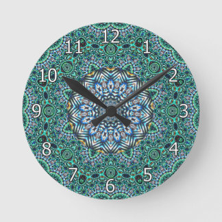 Turquoise Kaleidoscopic Mosaic Reflections Design Round Clock