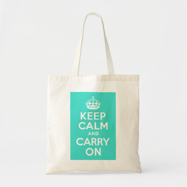 Turquoise Keep Calm and Carry On Tote Bag (Front)
