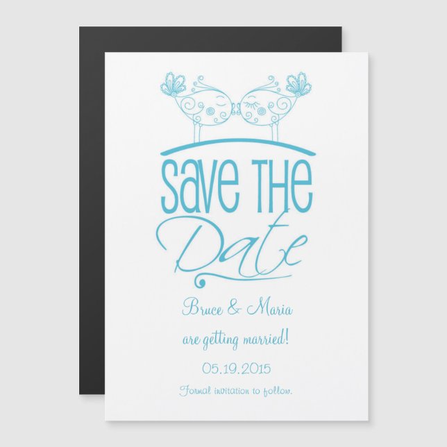 Turquoise Kissing Birds Magnetic Save the Date Invitation (Front/Back)