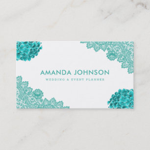 Turquoise Lace Floral Wedding Event Planner Business Card