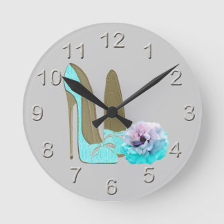 Turquoise Lace Stiletto Shoes and Rose Art Round Clock