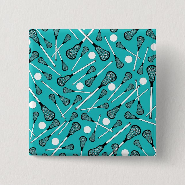 Turquoise lacrosse sticks pattern 15 cm square badge (Front)
