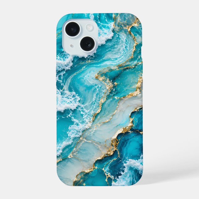 Turquoise Lagoon Waves Abstract iPhone 15 Case (Back)