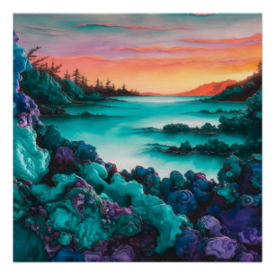 Turquoise Landscape with Alcohol Ink Detail  Poster