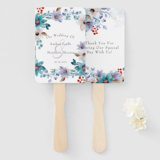 Turquoise Lavender Florals Wedding Favour Hand Fan (Front and Back)
