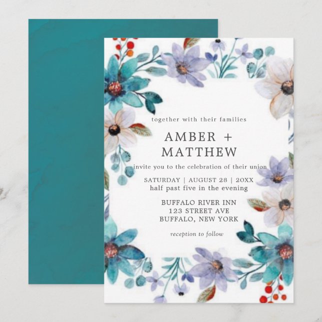 Turquoise Lavender Painted Florals Wedding Invite (Front/Back)