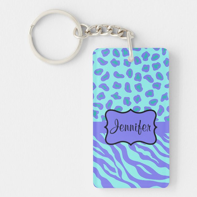 Turquoise & Lavender Zebra & Cheetah Customised Key Ring (Front)