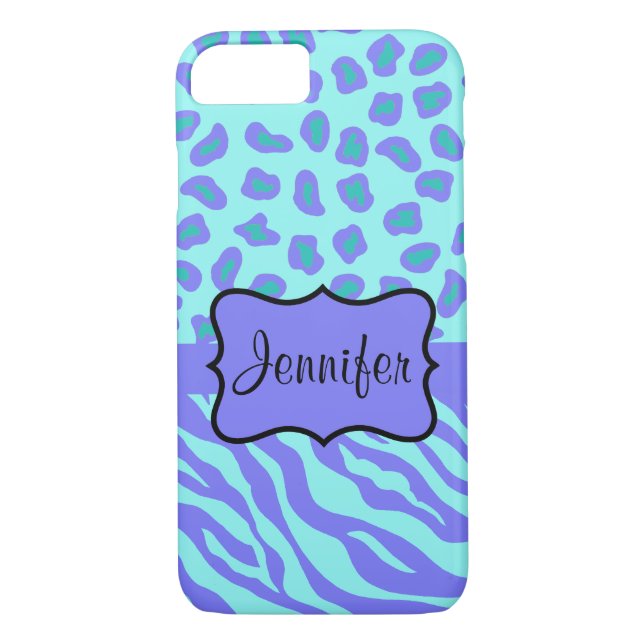 Turquoise Lavender Zebra Leopard Name Personalised Case-Mate iPhone Case (Back)