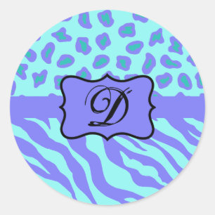 Turquoise Lavender Zebra Leopard Skin Monogram Classic Round Sticker