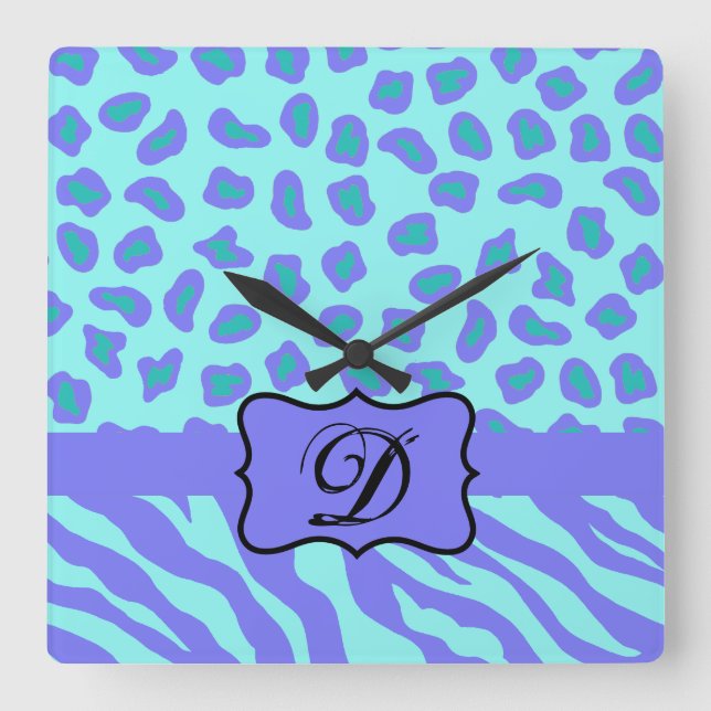 Turquoise Lavender Zebra Leopard Skin Monogram Square Wall Clock (Front)
