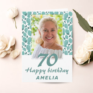 Turquoise Leaf Pattern 70th Birthday Photo Card