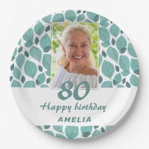 Turquoise Leaf Pattern 80th Birthday Party Photo Paper Plate